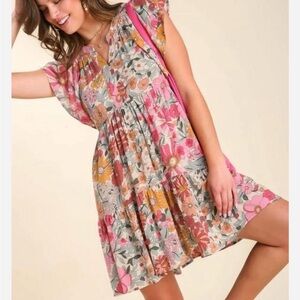Unger Floral Pink and Yellow Dress